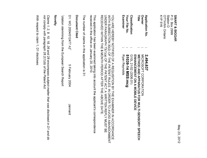 Canadian Patent Document 2494637. Prosecution-Amendment 20120523. Image 1 of 3