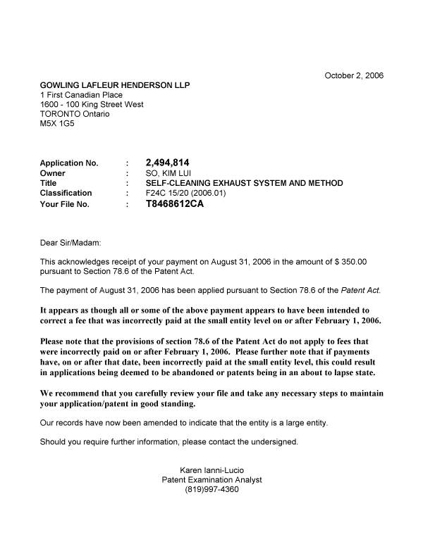 Canadian Patent Document 2494814. Correspondence 20061002. Image 1 of 1