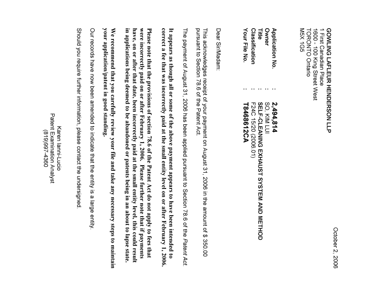 Canadian Patent Document 2494814. Correspondence 20061002. Image 1 of 1