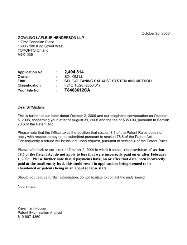 Document de brevet canadien 2494814. Correspondance 20061020. Image 1 de 1