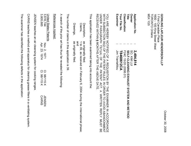 Canadian Patent Document 2494814. Prosecution-Amendment 20081030. Image 1 of 2