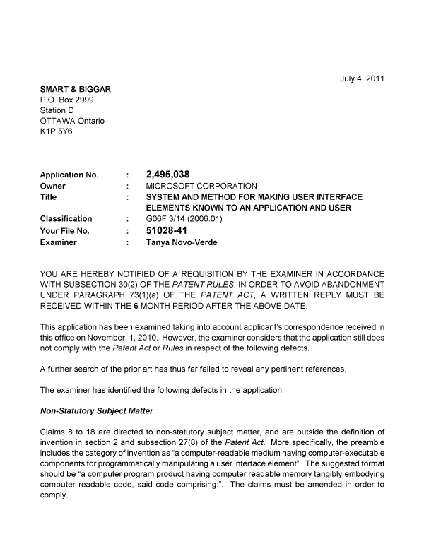 Canadian Patent Document 2495038. Prosecution-Amendment 20110704. Image 1 of 2