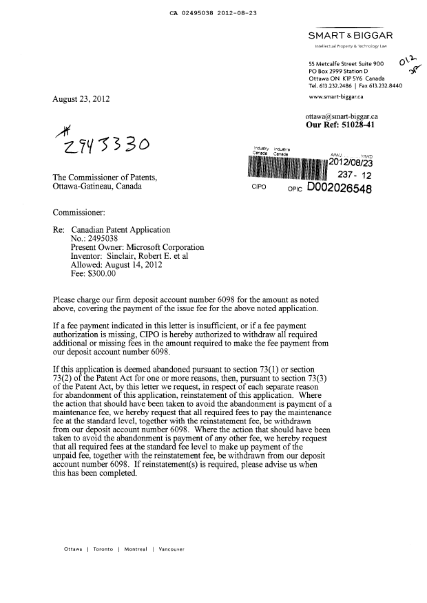 Canadian Patent Document 2495038. Correspondence 20120823. Image 1 of 2