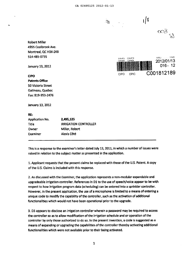 Canadian Patent Document 2495125. Prosecution-Amendment 20120113. Image 1 of 8