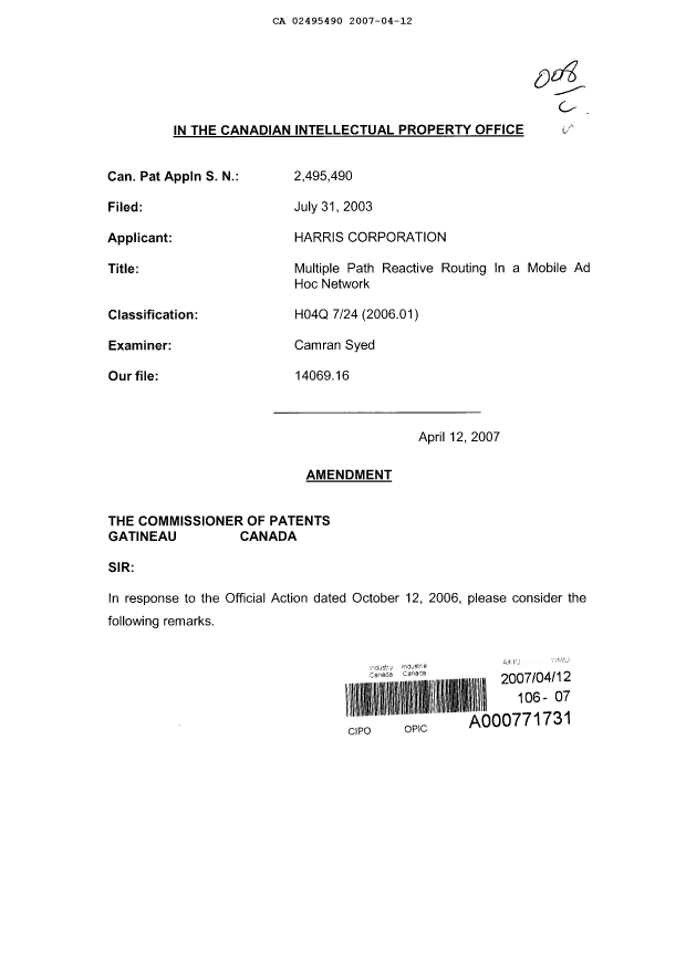 Document de brevet canadien 2495490. Poursuite-Amendment 20070412. Image 1 de 4