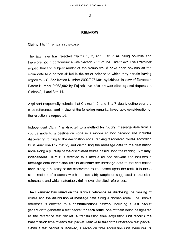 Canadian Patent Document 2495490. Prosecution-Amendment 20070412. Image 2 of 4
