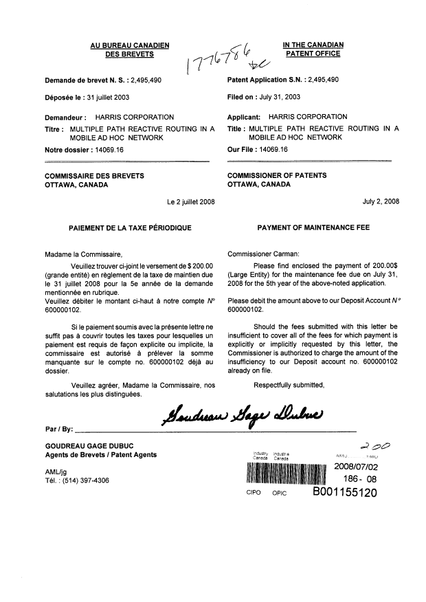 Canadian Patent Document 2495490. Fees 20080702. Image 1 of 1