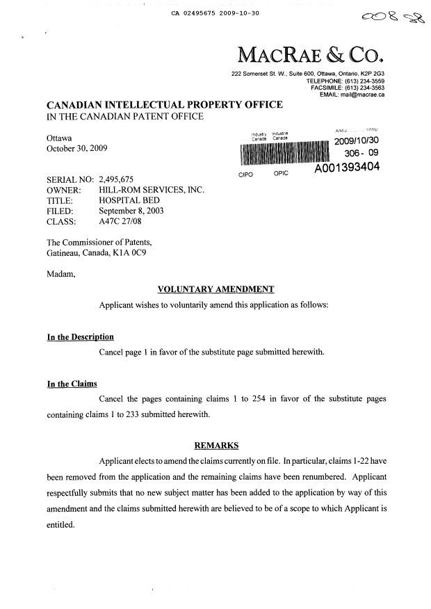 Canadian Patent Document 2495675. Prosecution-Amendment 20091030. Image 1 of 36