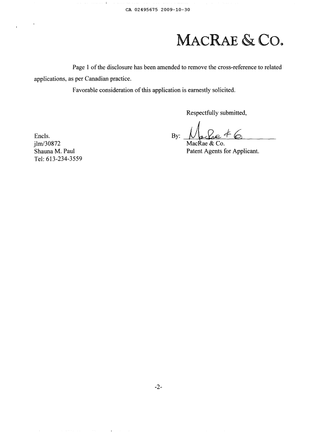 Canadian Patent Document 2495675. Prosecution-Amendment 20091030. Image 2 of 36
