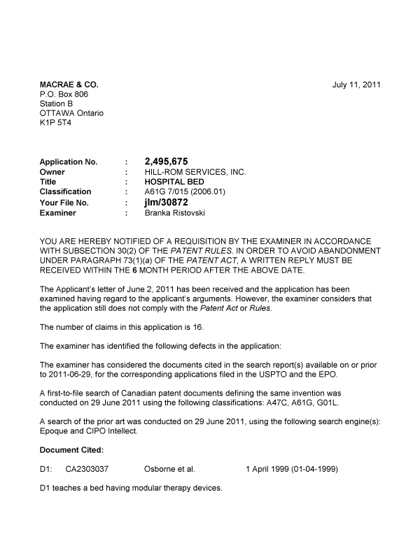 Document de brevet canadien 2495675. Poursuite-Amendment 20110711. Image 1 de 2