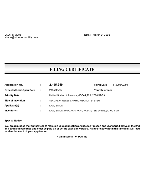 Document de brevet canadien 2495949. Correspondance 20050309. Image 1 de 1