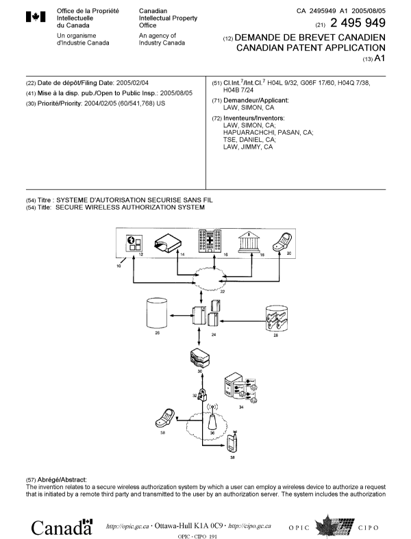 Document de brevet canadien 2495949. Page couverture 20050727. Image 1 de 2