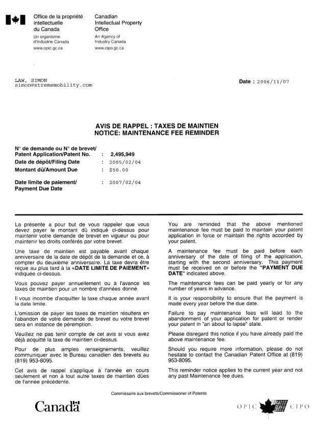 Document de brevet canadien 2495949. Correspondance 20061107. Image 1 de 1