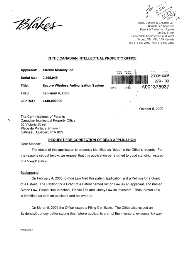 Document de brevet canadien 2495949. Cession 20091005. Image 1 de 10