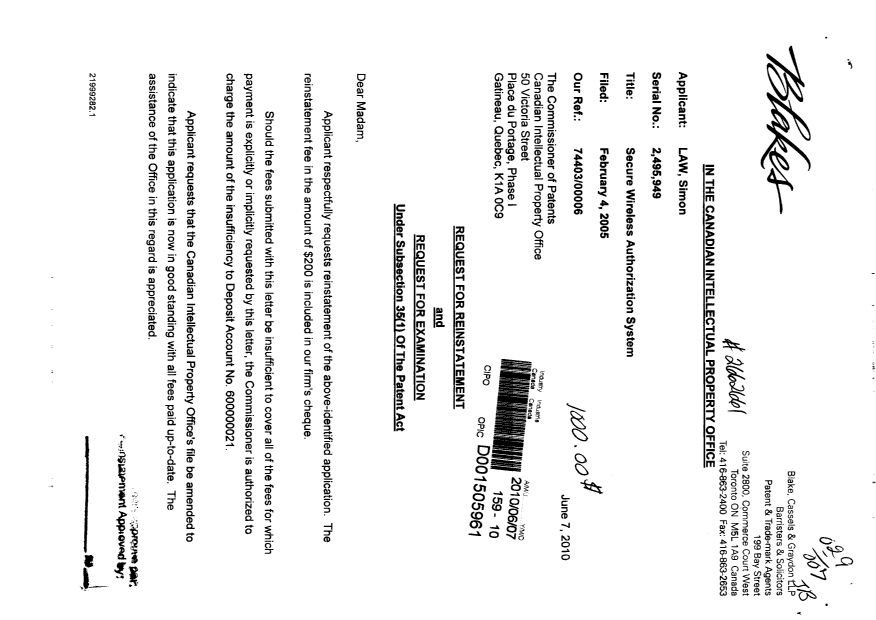 Canadian Patent Document 2495949. Prosecution-Amendment 20100607. Image 1 of 2