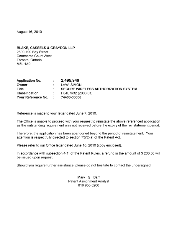 Document de brevet canadien 2495949. Correspondance 20100816. Image 1 de 1