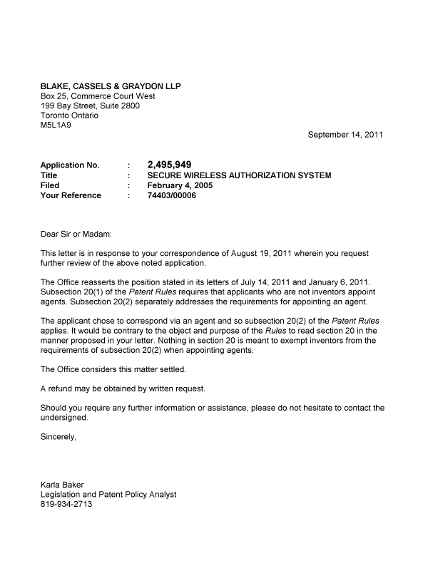 Document de brevet canadien 2495949. Correspondance 20110914. Image 1 de 1