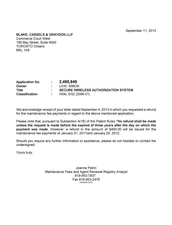 Document de brevet canadien 2495949. Correspondance 20130911. Image 1 de 1