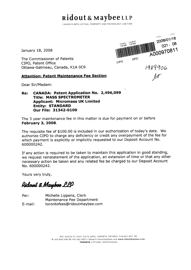 Canadian Patent Document 2496099. Fees 20080118. Image 1 of 1