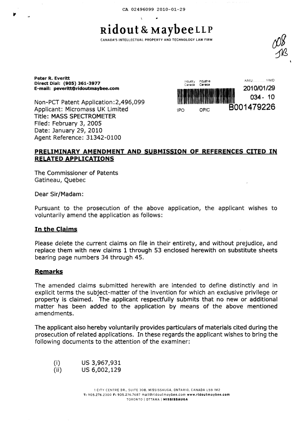 Document de brevet canadien 2496099. Poursuite-Amendment 20100129. Image 1 de 14