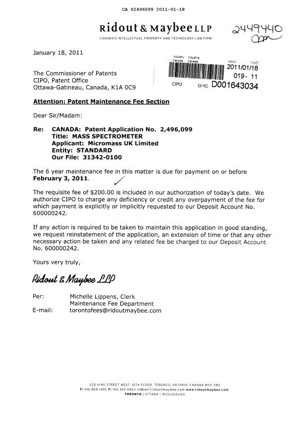 Document de brevet canadien 2496099. Taxes 20110118. Image 1 de 1