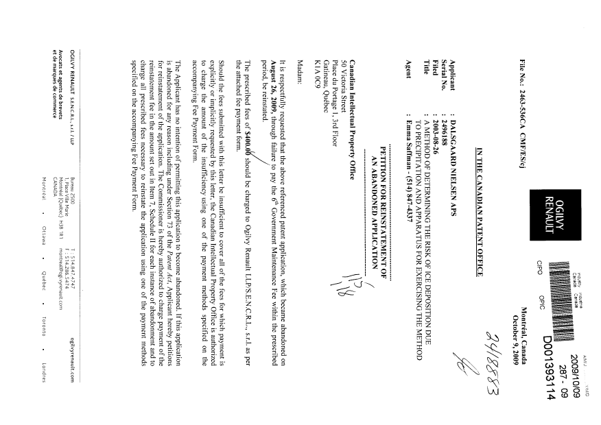 Document de brevet canadien 2496188. Taxes 20091009. Image 1 de 2