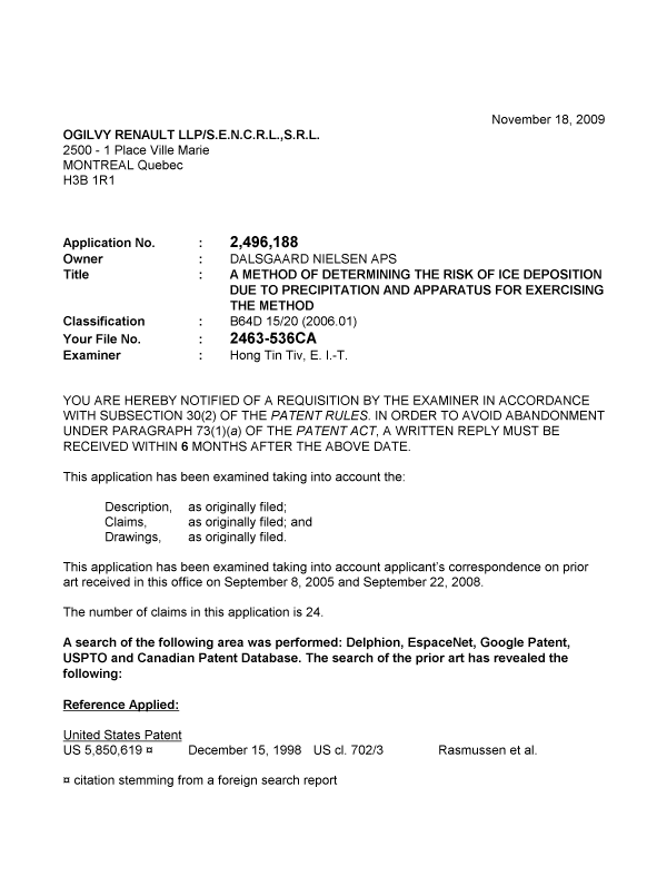 Canadian Patent Document 2496188. Prosecution-Amendment 20091118. Image 1 of 3