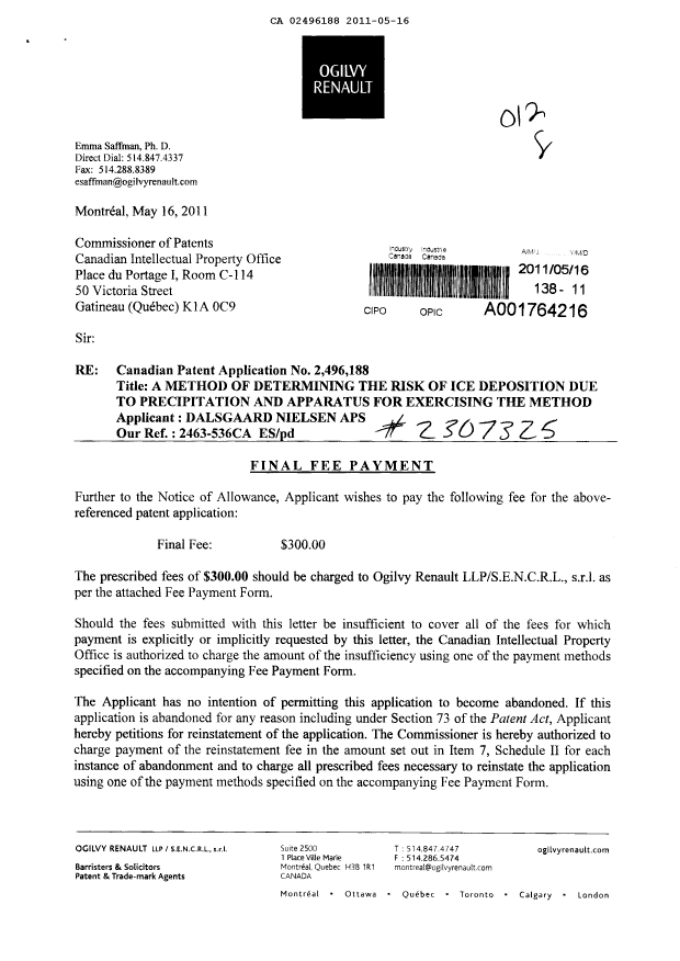 Document de brevet canadien 2496188. Correspondance 20101216. Image 1 de 2