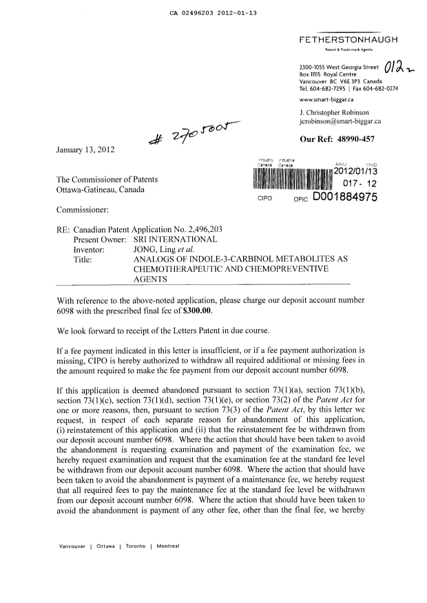 Canadian Patent Document 2496203. Correspondence 20120113. Image 1 of 2