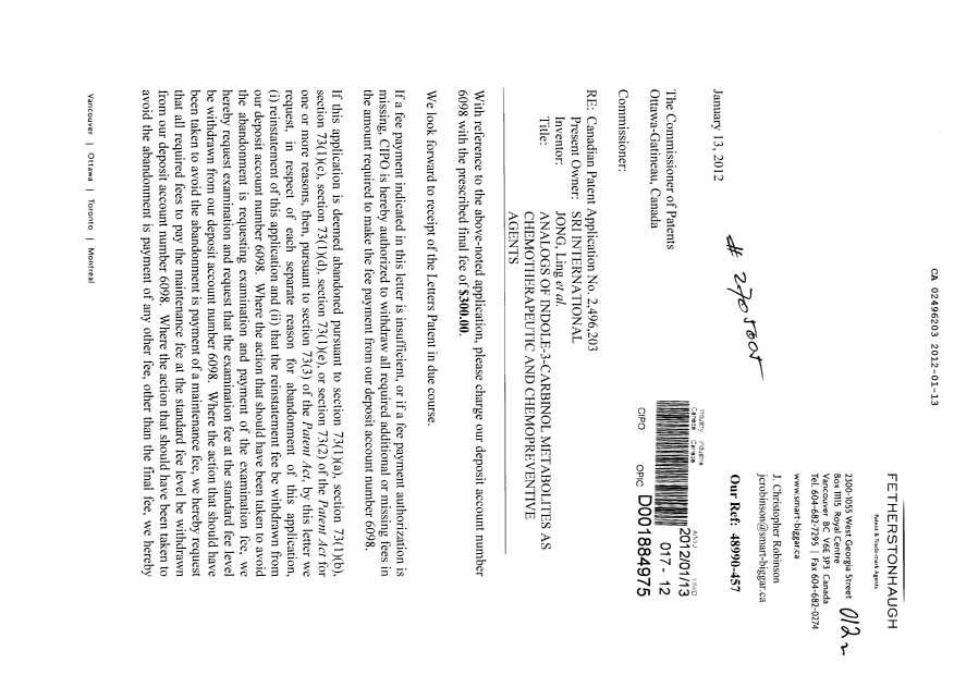Canadian Patent Document 2496203. Correspondence 20120113. Image 1 of 2