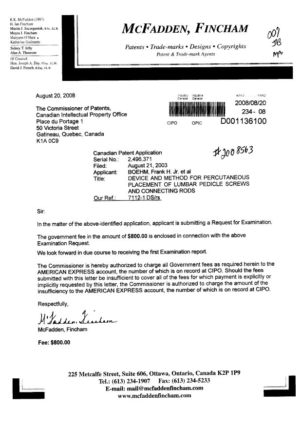 Canadian Patent Document 2496371. Prosecution-Amendment 20080820. Image 1 of 1