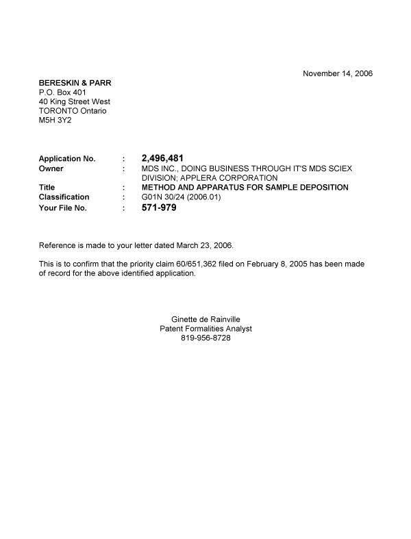 Canadian Patent Document 2496481. Correspondence 20051208. Image 1 of 1