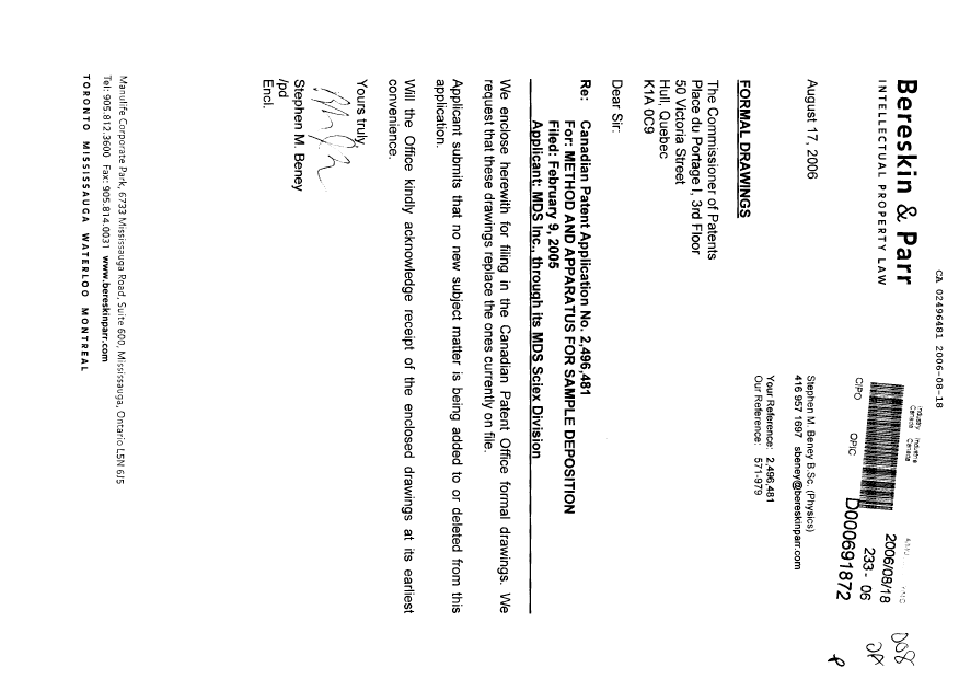 Canadian Patent Document 2496481. Prosecution-Amendment 20051218. Image 1 of 7