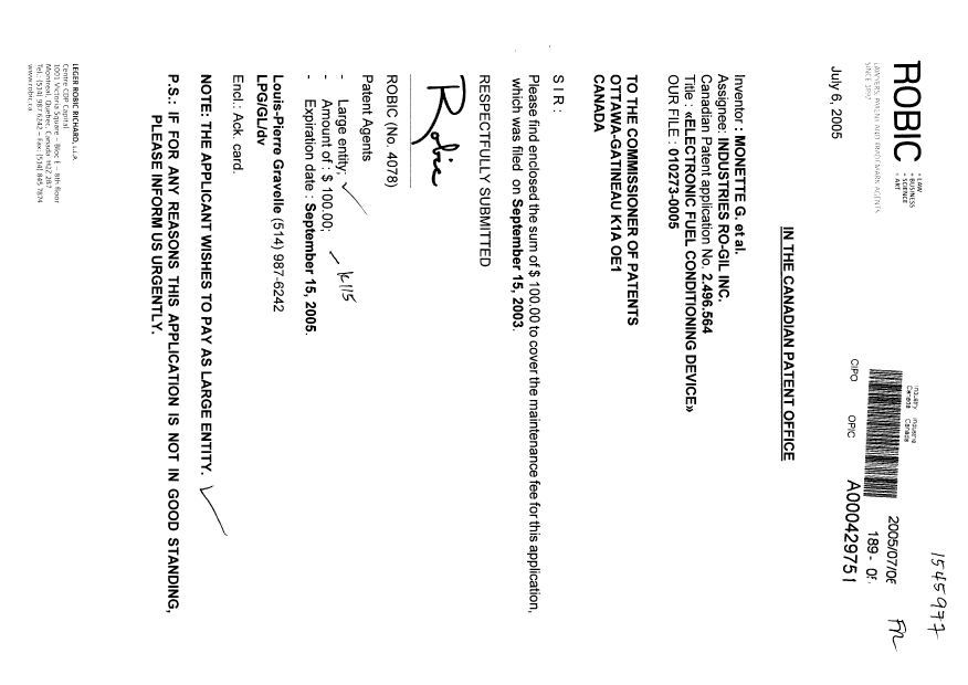 Document de brevet canadien 2496564. Taxes 20041206. Image 1 de 1