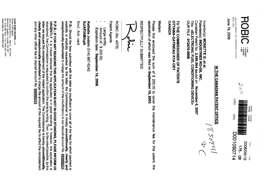 Canadian Patent Document 2496564. Fees 20071219. Image 1 of 1