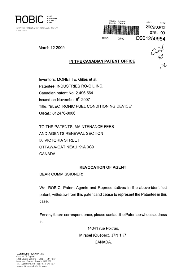 Canadian Patent Document 2496564. Correspondence 20081212. Image 1 of 2