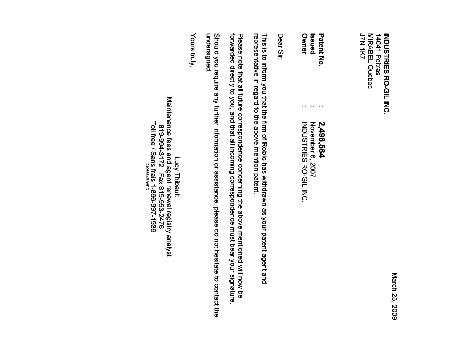 Canadian Patent Document 2496564. Correspondence 20081225. Image 1 of 1