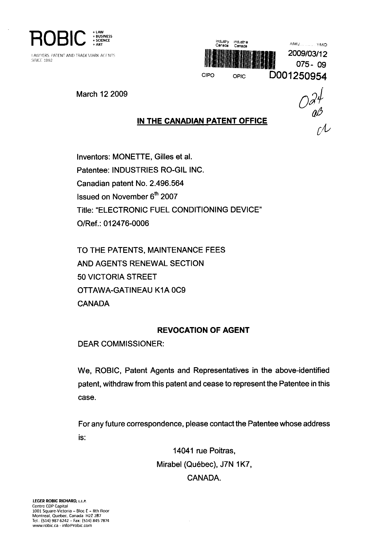 Document de brevet canadien 2496564. Correspondance 20090312. Image 1 de 2