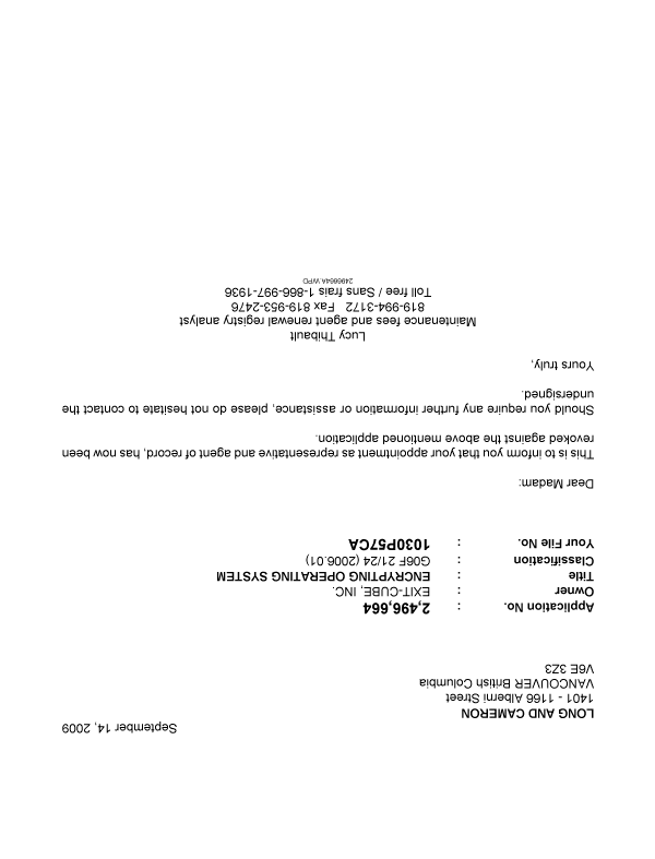 Canadian Patent Document 2496664. Correspondence 20081214. Image 1 of 1
