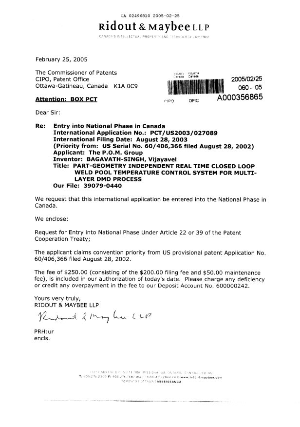 Document de brevet canadien 2496810. Cession 20050225. Image 1 de 3