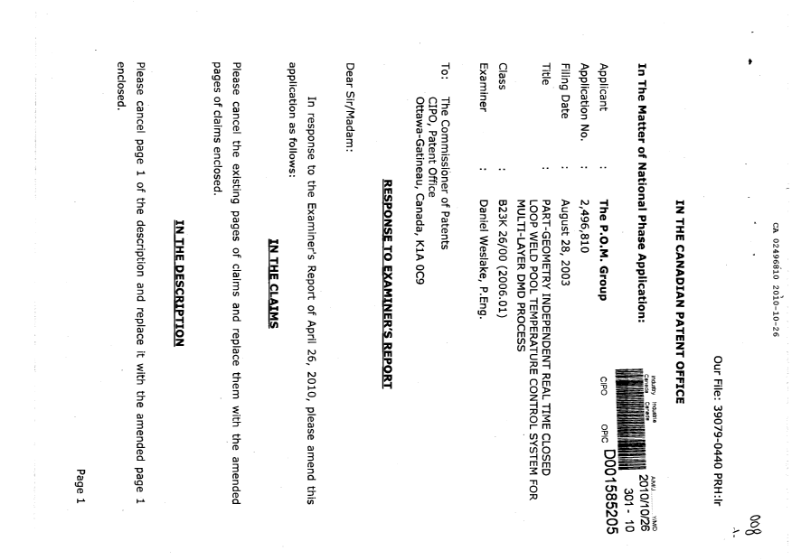 Canadian Patent Document 2496810. Prosecution-Amendment 20101026. Image 1 of 7