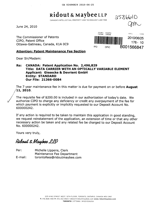 Canadian Patent Document 2496829. Fees 20100625. Image 1 of 1