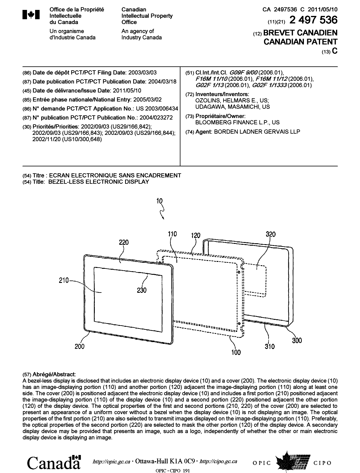 Canadian Patent Document 2497536. Cover Page 20110413. Image 1 of 1