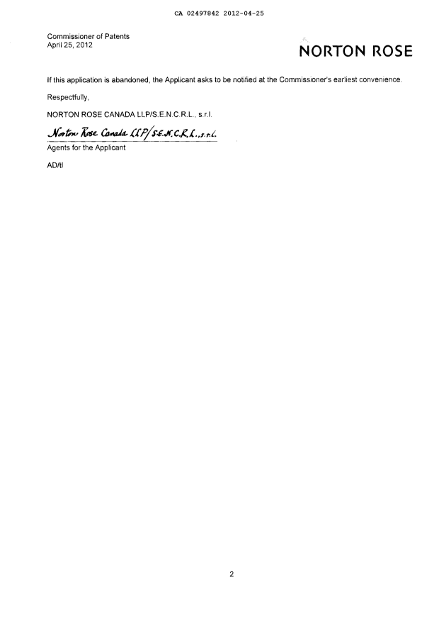 Document de brevet canadien 2497842. Correspondance 20120425. Image 2 de 2