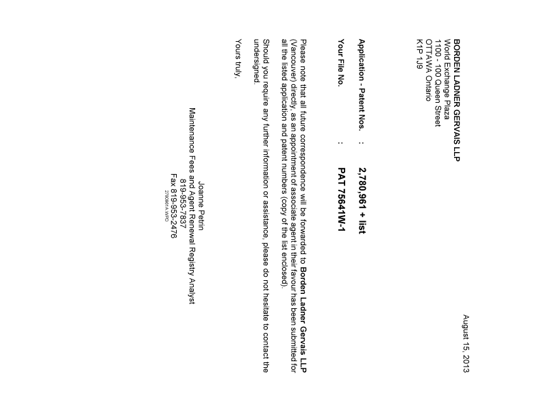 Canadian Patent Document 2498090. Correspondence 20130815. Image 1 of 1