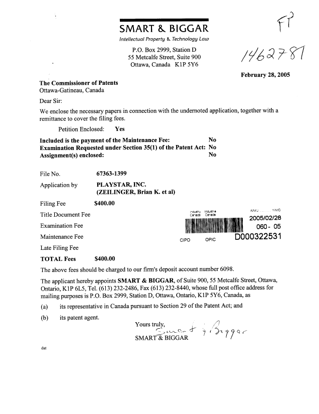 Document de brevet canadien 2498701. Cession 20050228. Image 1 de 2