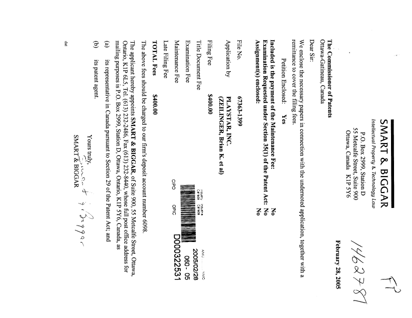 Canadian Patent Document 2498701. Assignment 20050228. Image 1 of 2