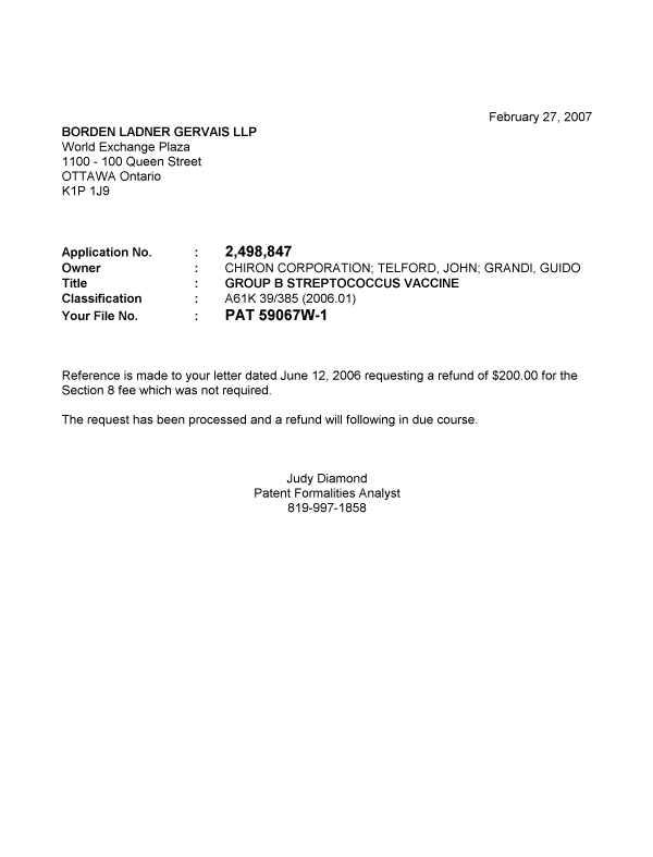 Canadian Patent Document 2498847. Correspondence 20061220. Image 1 of 1