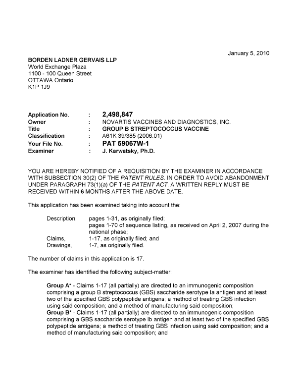 Canadian Patent Document 2498847. Prosecution-Amendment 20091205. Image 1 of 3