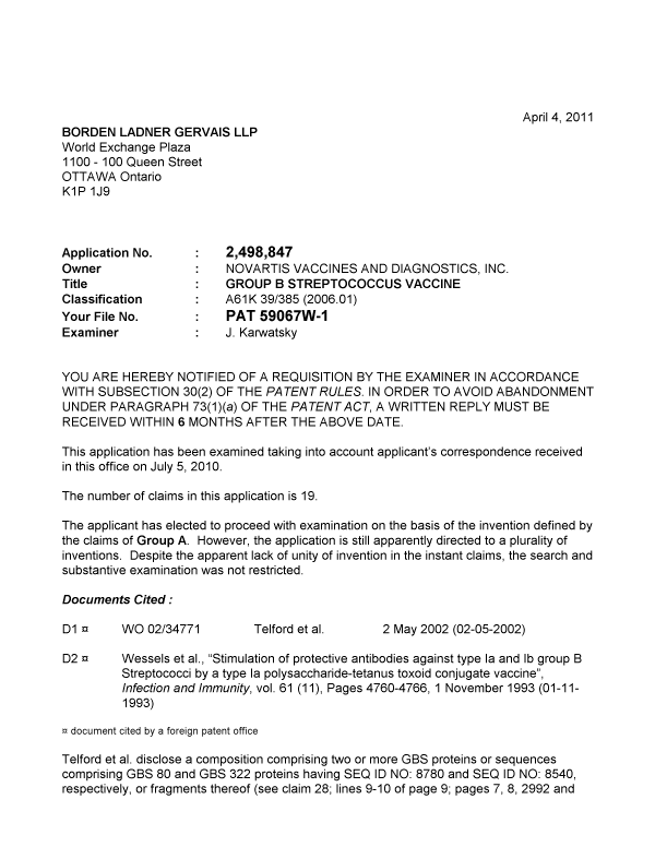 Canadian Patent Document 2498847. Prosecution-Amendment 20101204. Image 1 of 4